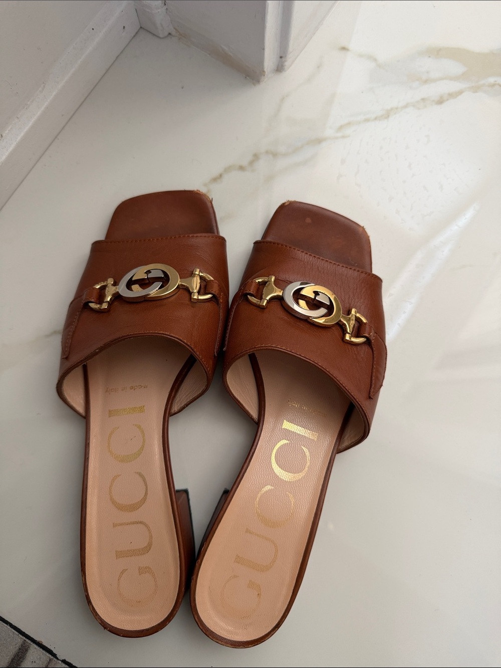 Gucci Tan Leather Horsebit Slide Mules